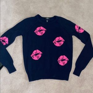Aqua Navy Crewneck Sweater with Hot Pink Lip Motifs